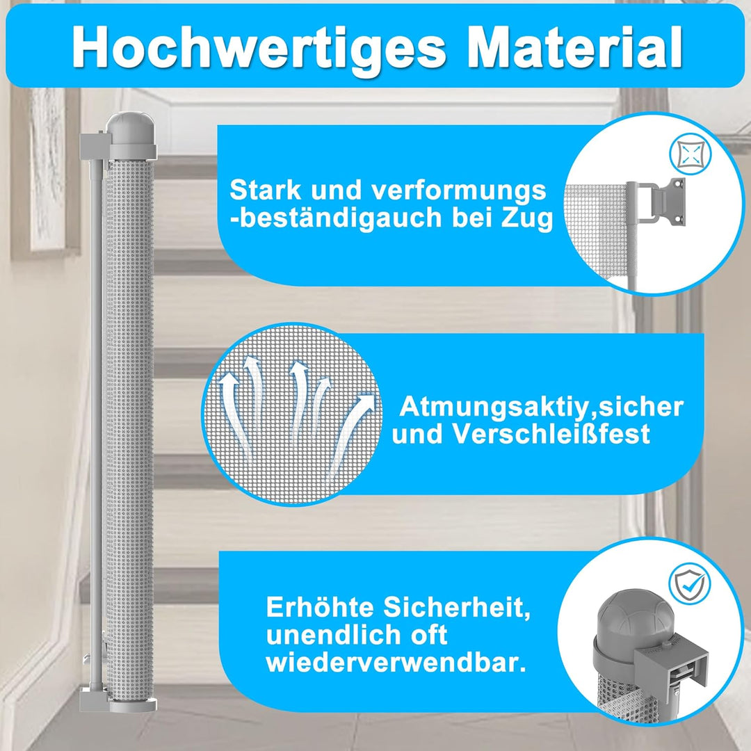 Treppenschutzgitter 0-150cm (Grau)– Ausziehbar mit Doppelverriegelung, GS/TÜV-geprüftes Türgitter fü