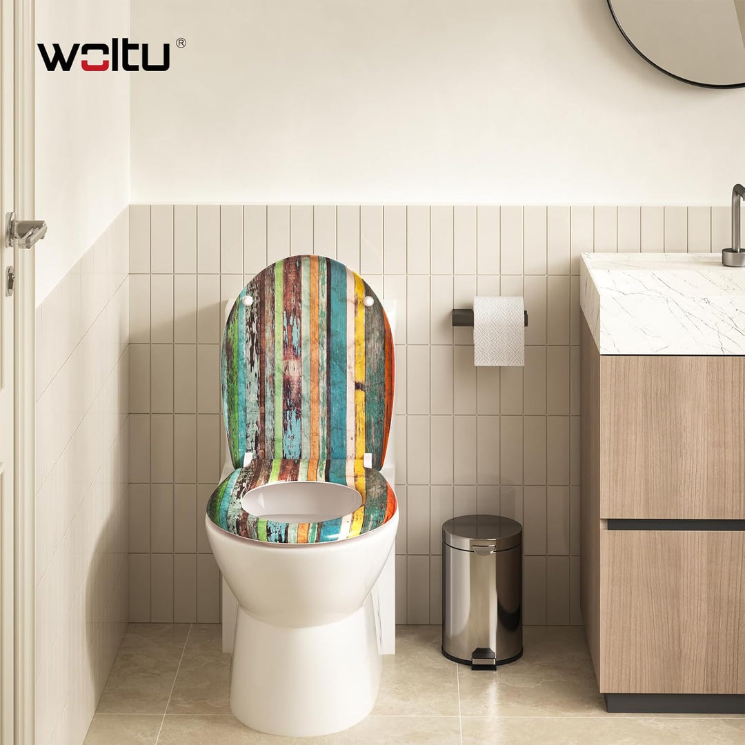 WOLTU Toilettendeckel mit Absenkautomatik Motiv, WC Sitz mit Schnellverschluss, Toilettensitz O Form