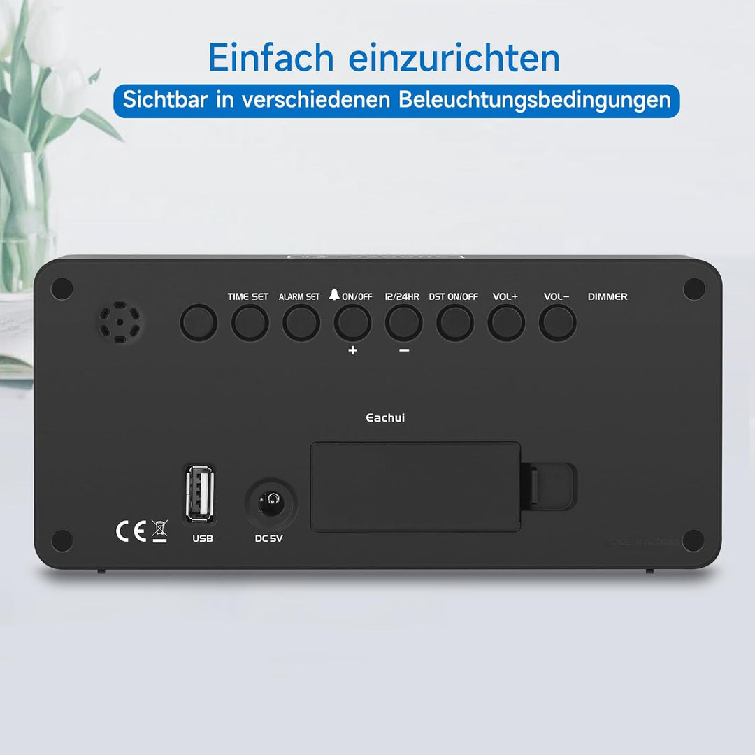 Eachui LED Wecker Digital mit Ladestation, Wecker mit Grossen Zahlen, Helligkeit und Lautstärke Rege