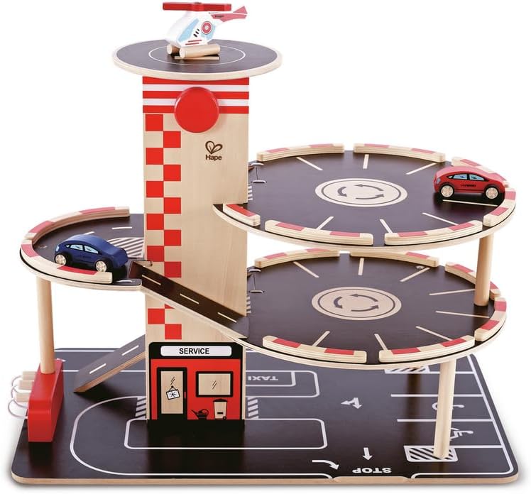 Parkhaus Spielset aus Holz von Hape | Autogarage auf drei Ebenen mit Autos und Hubschrauber