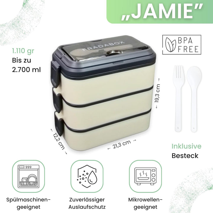 Bento Lunchbox „Jamie“ 2700ml, 3 Etagen mit Besteck und Fächern, Premium Edelstahl Dose, BPA-freie B