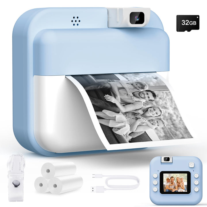 Kinderkamera Sofortbildkamera,1080P HD-Sofortkamera für Kinder mit 32 GB-Karte und 3 Rollen Fotopapi