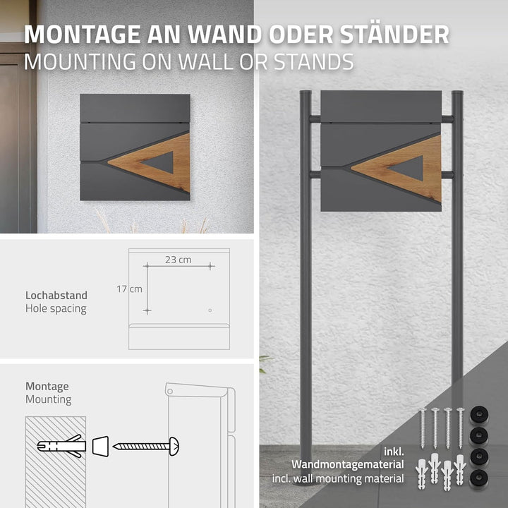 ML-Design Briefkasten 37x36,5x11 cm Anthrazit/Holzoptik aus Stahl, Postkasten mit Zeitungsfach, Absc