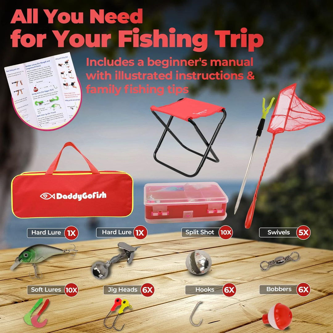 DaddyGoFish Kinder Angelset - Teleskoprute & Rolle Combo mit Klappstuhl, Rutenhalter, Tackle Box, Kö