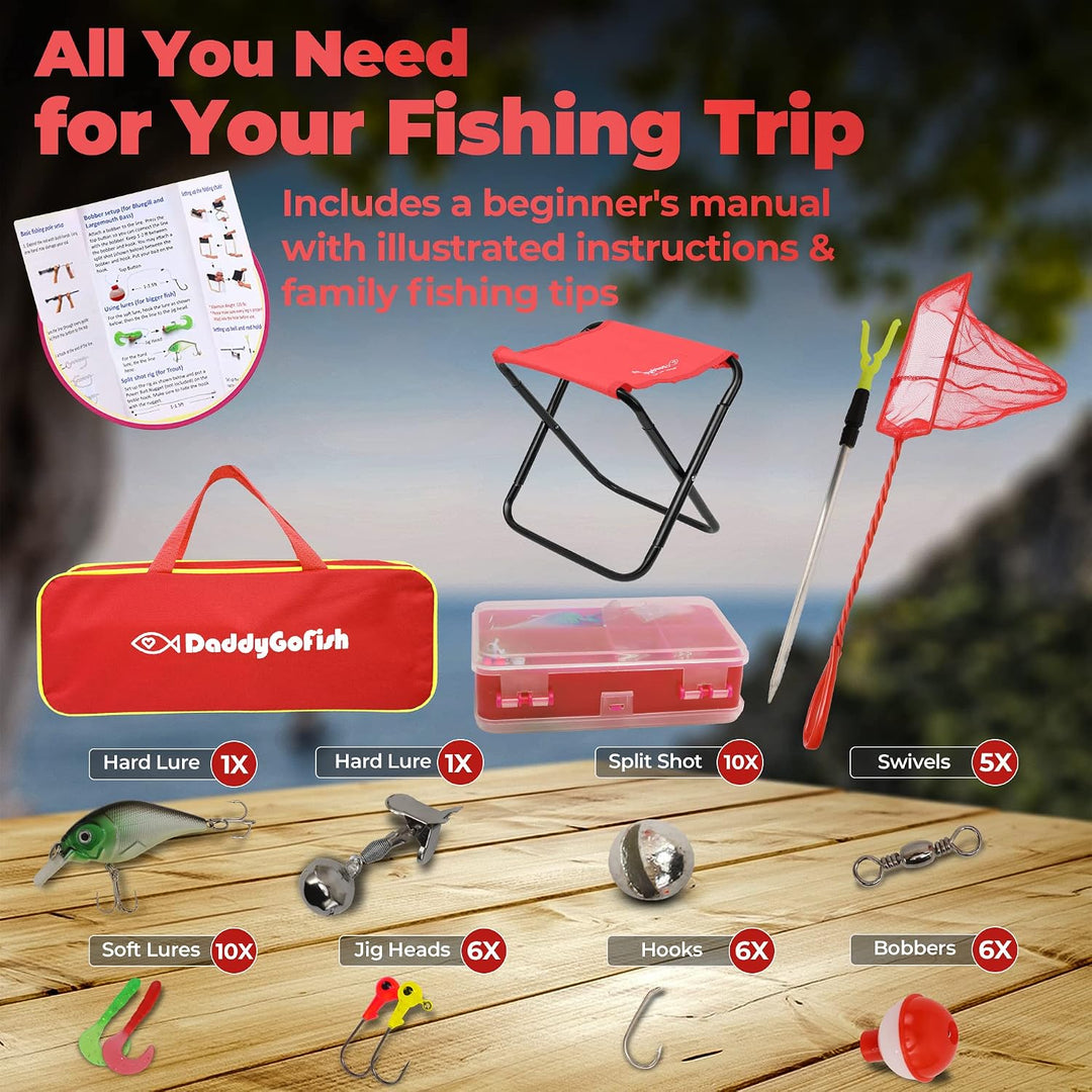 DaddyGoFish Kinder Angelset - Teleskoprute &amp; Rolle Combo mit Klappstuhl, Rutenhalter, Tackle Box, Kö