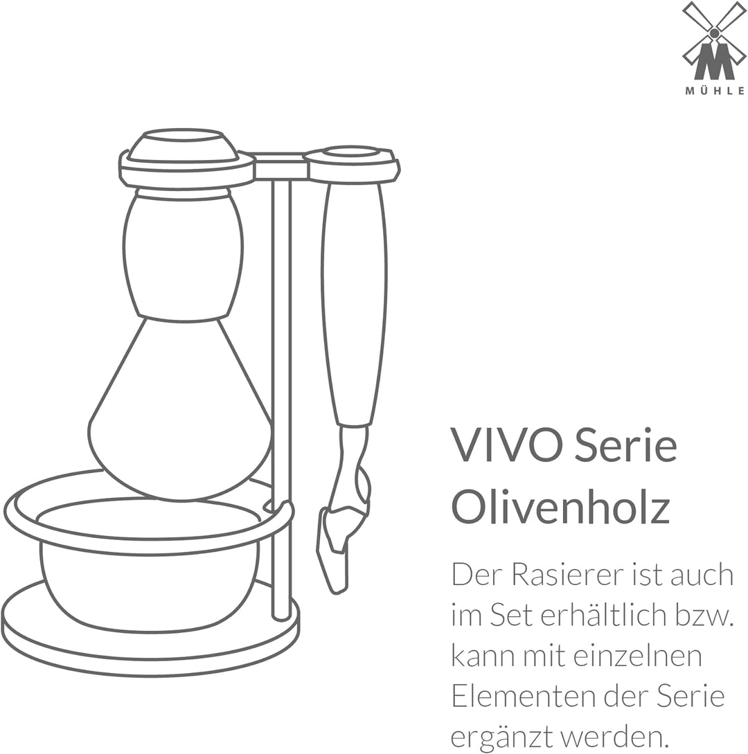 MÜHLE Vivo Rasierset kompatibel mit Gillette-Klingen, Pinsel Black Fibre, Halterung mit Schale, Oliv