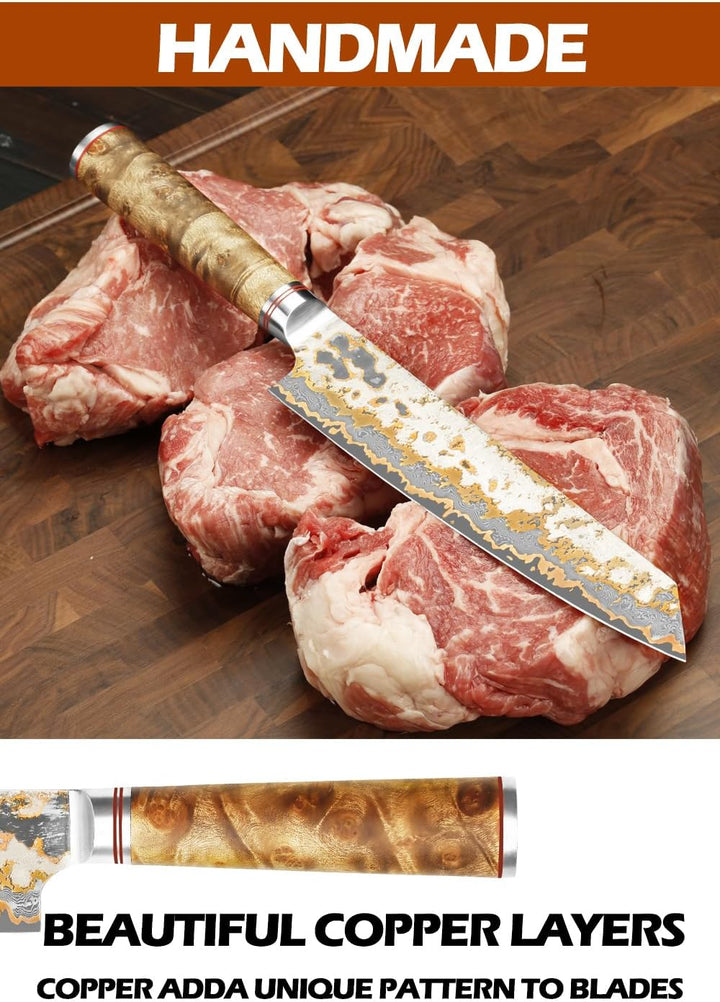YOUSUNLONG Kiritsuke Kochmesser - 210mm Japanische Kupfer Damaszener Stahl Klinge - Rasiermesserscha