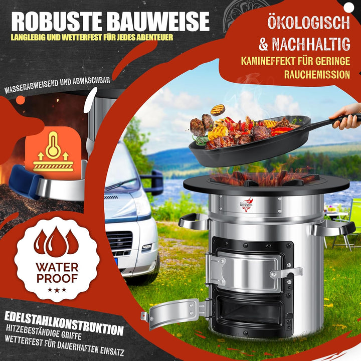 KESSER® Raketenofen mit Grillpfanne aus Gusseisen | inkl. Grillzange & Tragetasche | Dutch Oven 6 in
