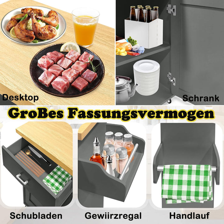 HENGMEI Küchenwagen, Kücheninsel Küchen Wagen mit Rollen, 1 Schubladen, 2 Ebenen Schrank, mit Handtu