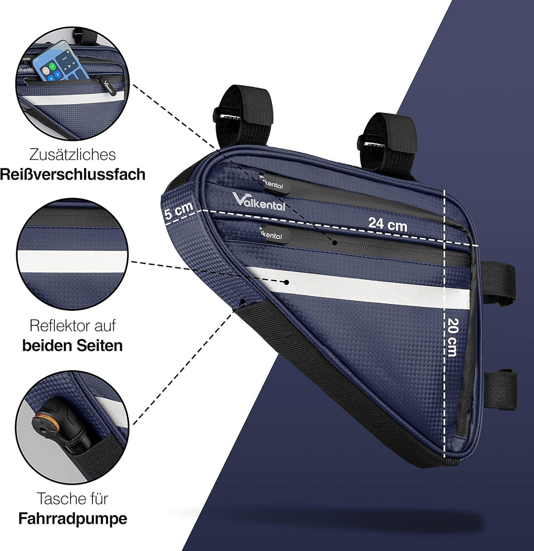 Valkental - Wasserfeste Rahmentasche mit viel Platz - 1,5L Volumen - Fahrradtasche mit Reflektoren u