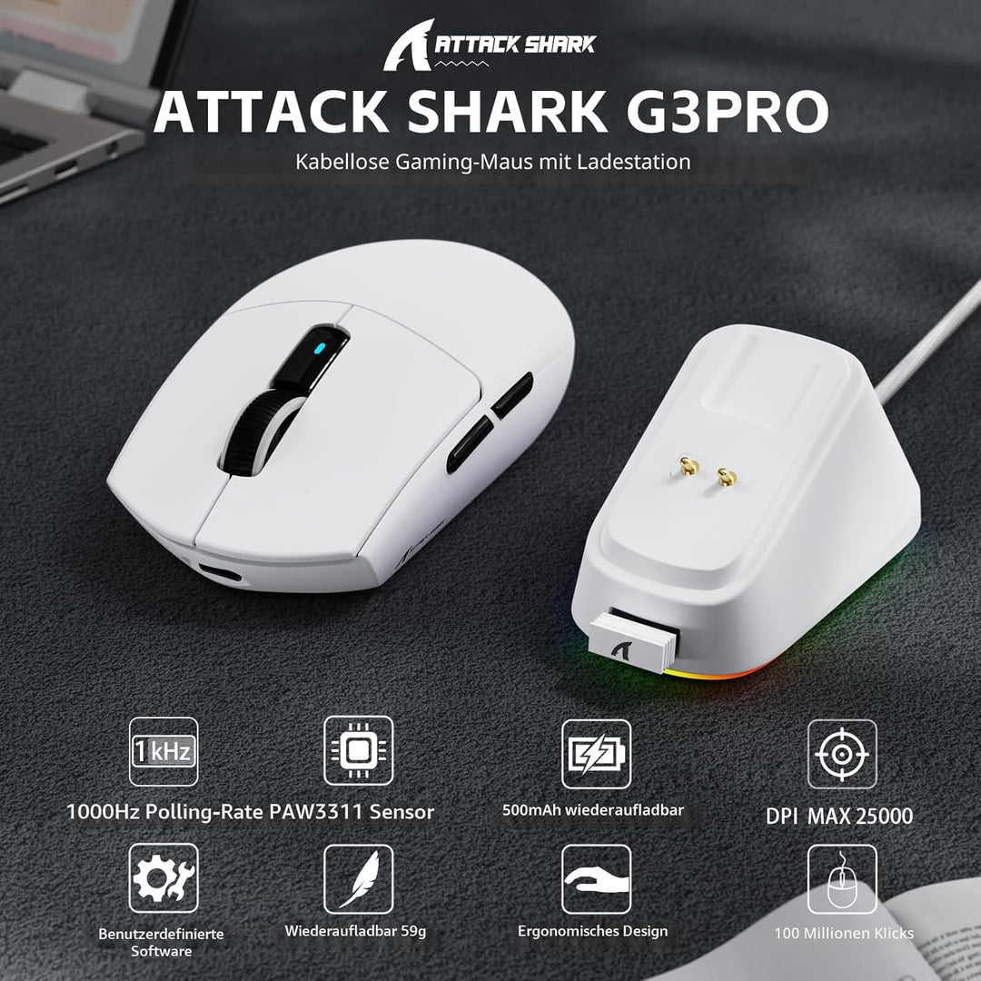 ATTACK SHARK G3PRO Kabellose Gaming-Maus mit Magnetischer Ladestation, PixArt PAW3311-Sensor, Bis zu