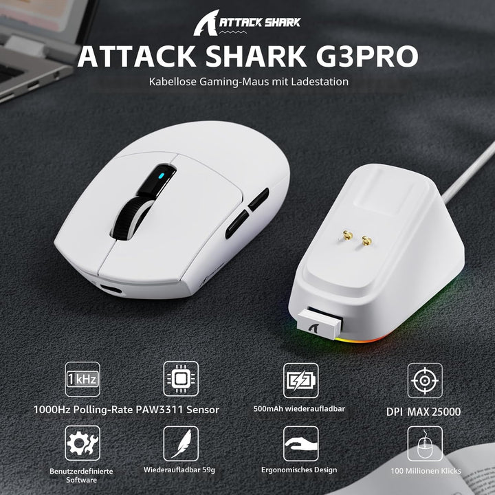 ATTACK SHARK G3PRO Kabellose Gaming-Maus mit Magnetischer Ladestation, PixArt PAW3311-Sensor, Bis zu
