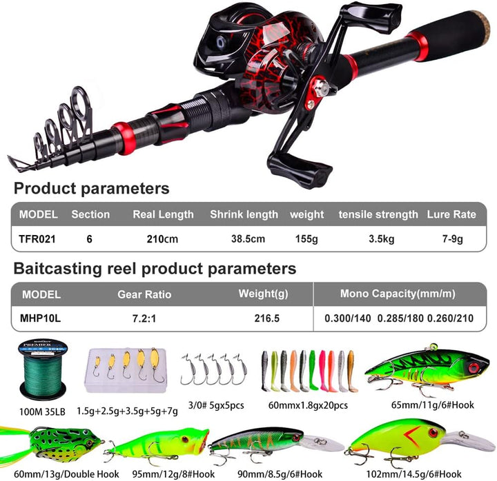 Angelrute und Rolle Combo, 2,1 m Kohlefaser Teleskop Angelrute mit Spinning/Baitcasting Reel Combos,