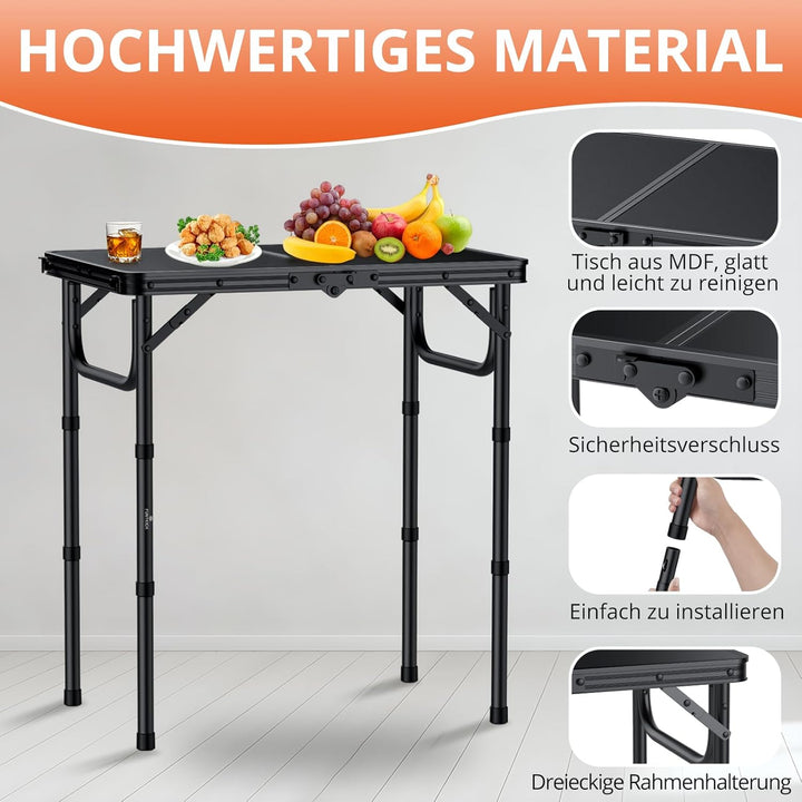 FUNYKICH Campingtisch Klapptisch 58x40cm, Faltbarer Picknicktisch mit 3 Höhenverstellbar(26/48/67cm)