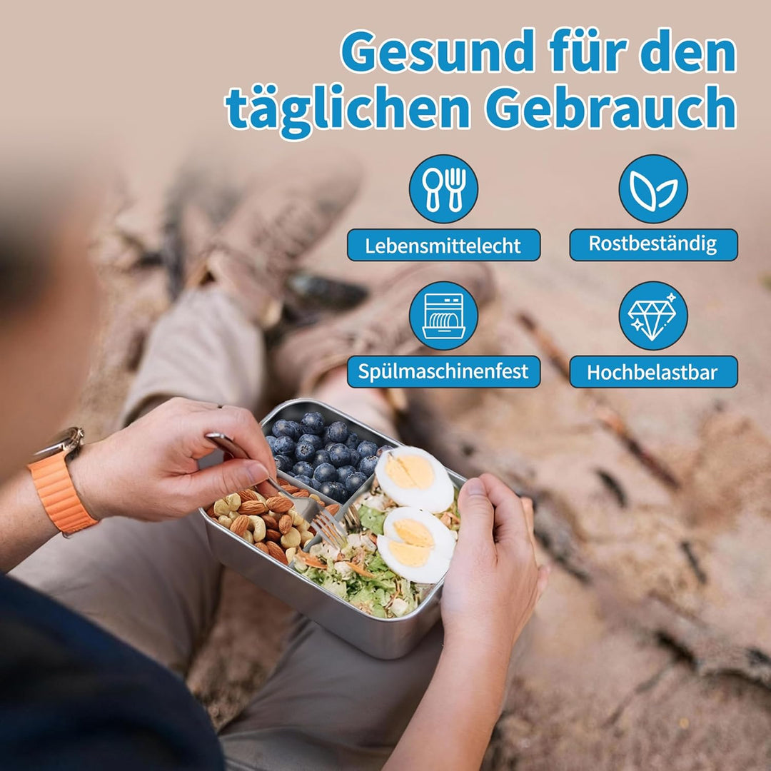 Onader Edelstahl Brotdose mit Fächern 2er Set, 850ml & 1400ml Bento Box Lunchbox mit Abnehmbar Trenn