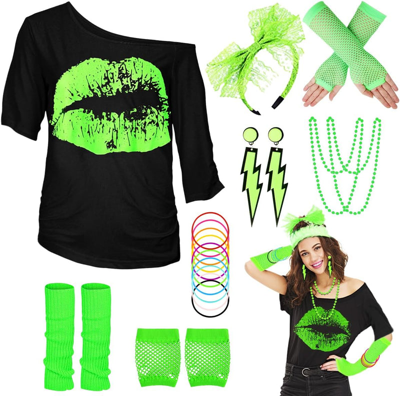 80er 90er Jahre Outfit Damen, T-Shirt, Beinwärmer, Stirnband, Ohrring, Halskette, Netzhandschuhe, 80