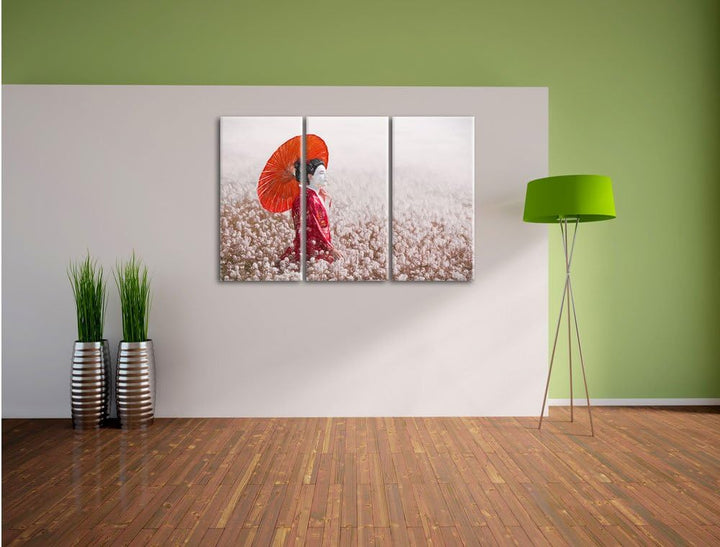 Pixxprint Geisha auf dem Feld / 3-Teilig/Gesamtmass 120cm Leinwandbild bespannt auf Holzrahmen/Wandb