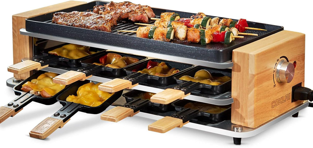 COKLAI Raclette grill 8 Personen mit 2 in 1 Antihaftbeschichtung Grillplatte, Partygrill für 8 Perso