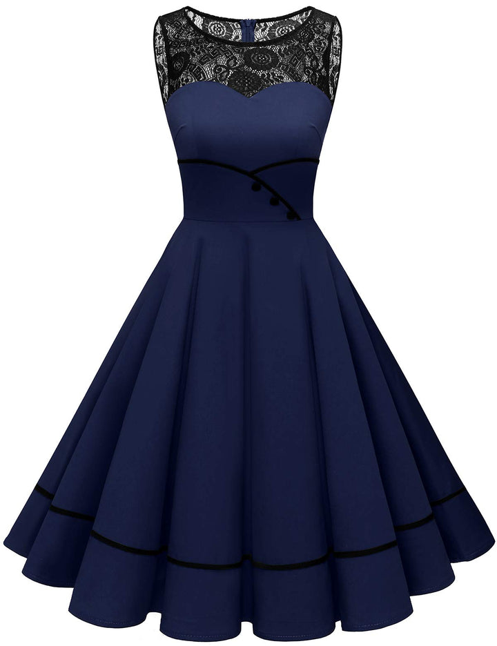 Bbonlinedress Damen Cocktailkleid Rockabilly Spitzenkleid 50er Retro Vintage Faltenrock Elegant Ärme