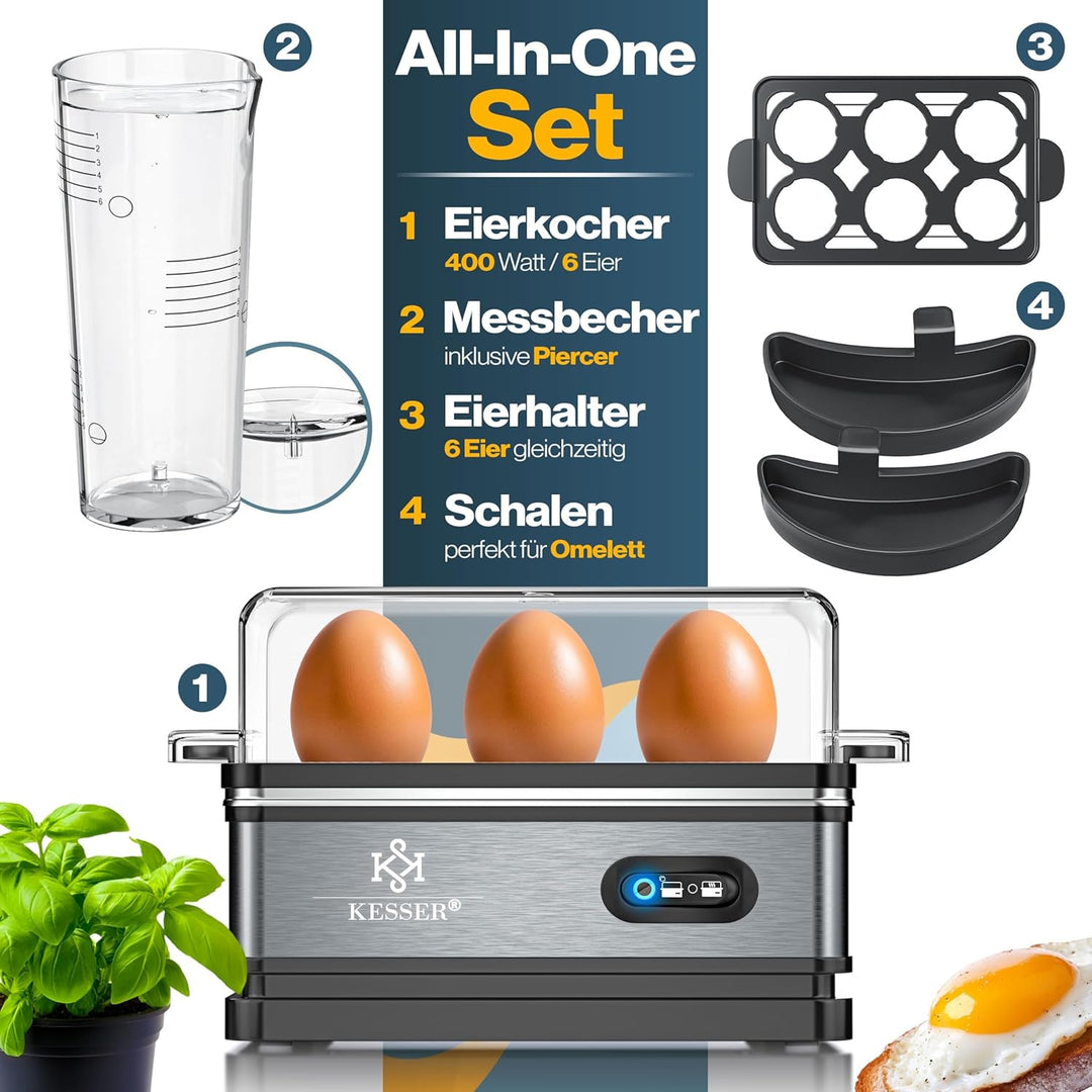 KESSER® Eierkocher für 1 bis 6 Eier elektrisch aus Edelstahl 400W & Warmhaltefunktion | Kipp-Funktio