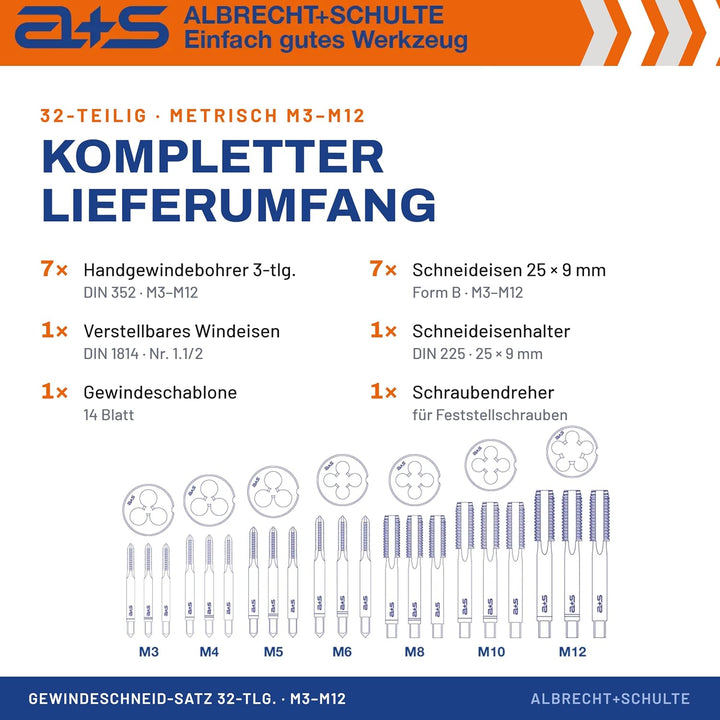 a+s Albrecht &amp; Schulte 32 tlg. Gewindeschneid Satz metrisch M3-M12 | Handgewindebohrer + Gewindeschn