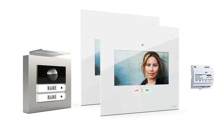 m-e Video-Türsprechanlage RFID silber/weiss | Aluminium Aussenstation für 2-Familienhaus | 7“ Design