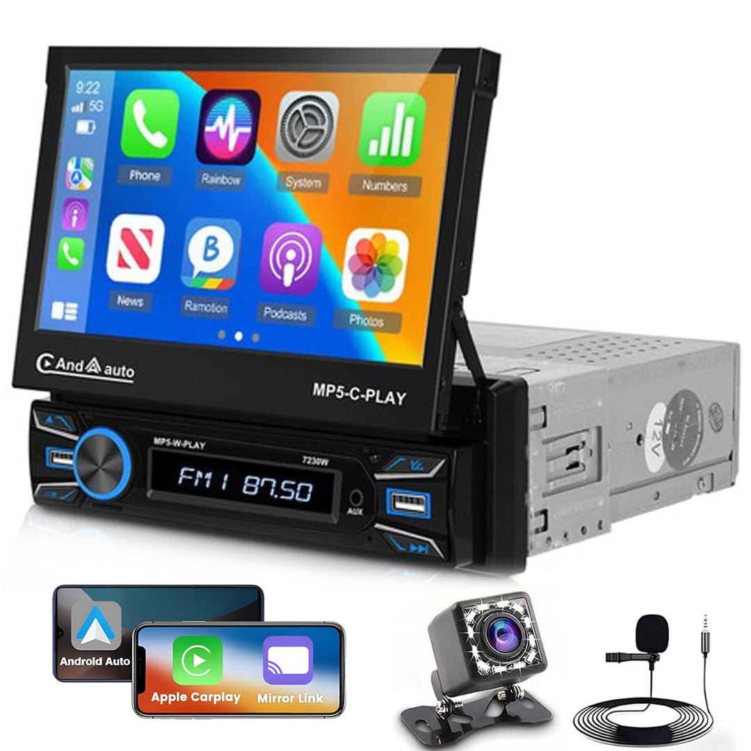 Hikity 1 Din Autoradio Wireless Carplay, 7 Zoll Bildschirm Touchscreen Motorisiertes Teleskop Displa