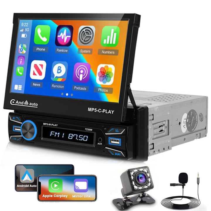 Hikity 1 Din Autoradio Wireless Carplay, 7 Zoll Bildschirm Touchscreen Motorisiertes Teleskop Displa
