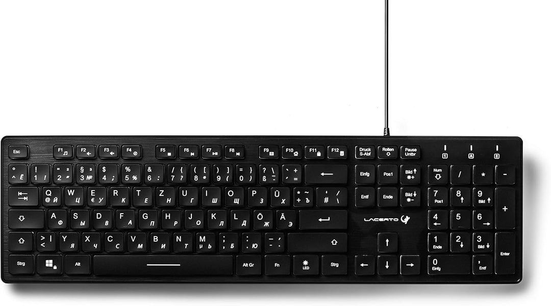 Lacerto® | Bilinguale Russisch-Deutsche beleuchtete Tastatur, USB, Spritzwassergeschützt, Deutsch +