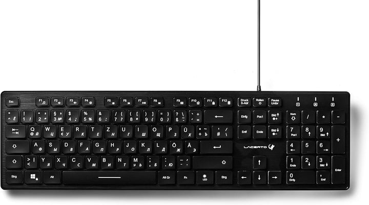 Lacerto® | Bilinguale Russisch-Deutsche beleuchtete Tastatur, USB, Spritzwassergeschützt, Deutsch +