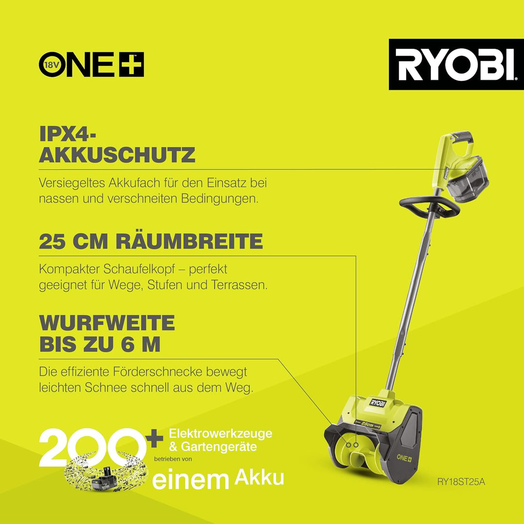 RYOBI 18 V ONE+ Akku‐Schneefräse RY18ST25A‐0, Räumbreite 25 cm, ohne Akku und Ladegerät 25 cm Arbeit