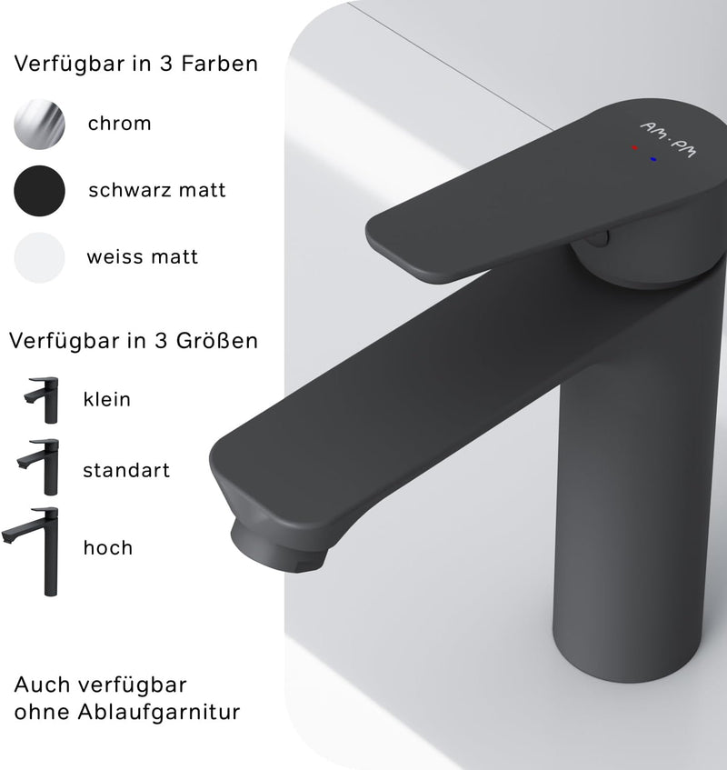 AM.PM Hit Waschtischarmatur mit Klick-Ablaufgarnitur, SoftMotion Keramikkartusche 30mm, Neoperl Aera