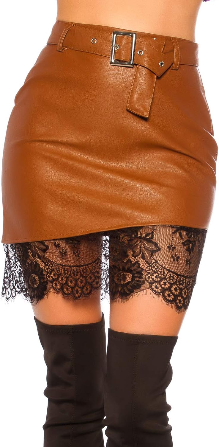 Koucla Lederlook Leder-Optik Rock Kunstleder Minirock mit Spitze und Gürtel XL Braun, XL Braun