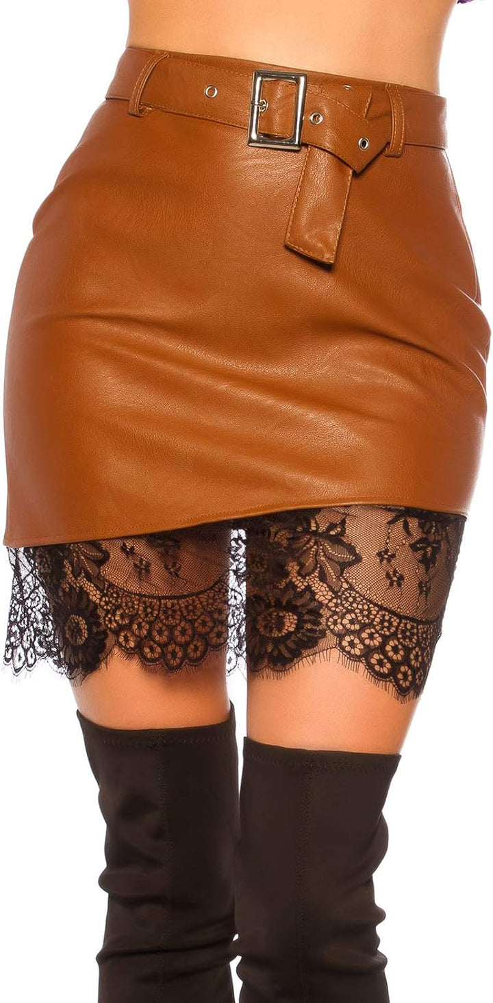 Koucla Lederlook Leder-Optik Rock Kunstleder Minirock mit Spitze und Gürtel XL Braun, XL Braun