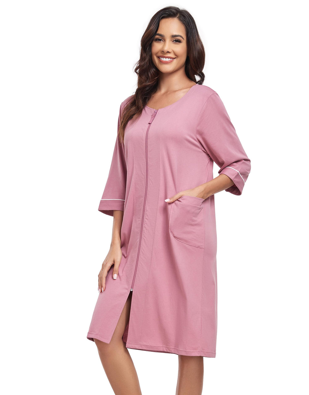 COLORFULLEAF 100% Baumwolle Morgenmantel Damen Leicht Bademantel Damen 3/4 Ärmel mit Reissverschluss