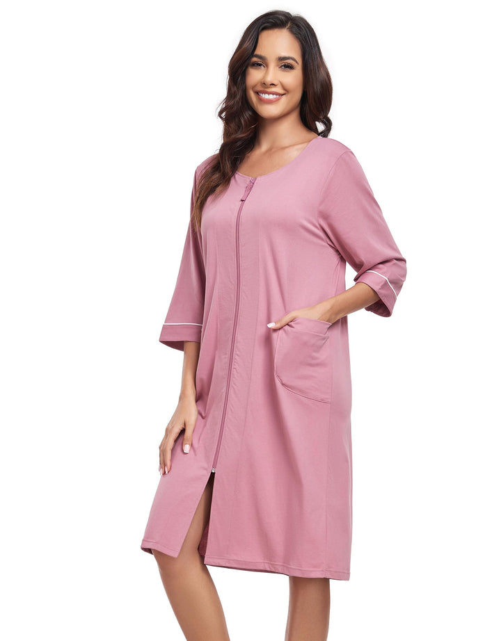 COLORFULLEAF 100% Baumwolle Morgenmantel Damen Leicht Bademantel Damen 3/4 Ärmel mit Reissverschluss
