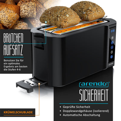 Arendo - Edelstahl Toaster Langschlitz 4 Scheiben - Touchscreen – Doppelwandgehäuse – Brötchenaufsat