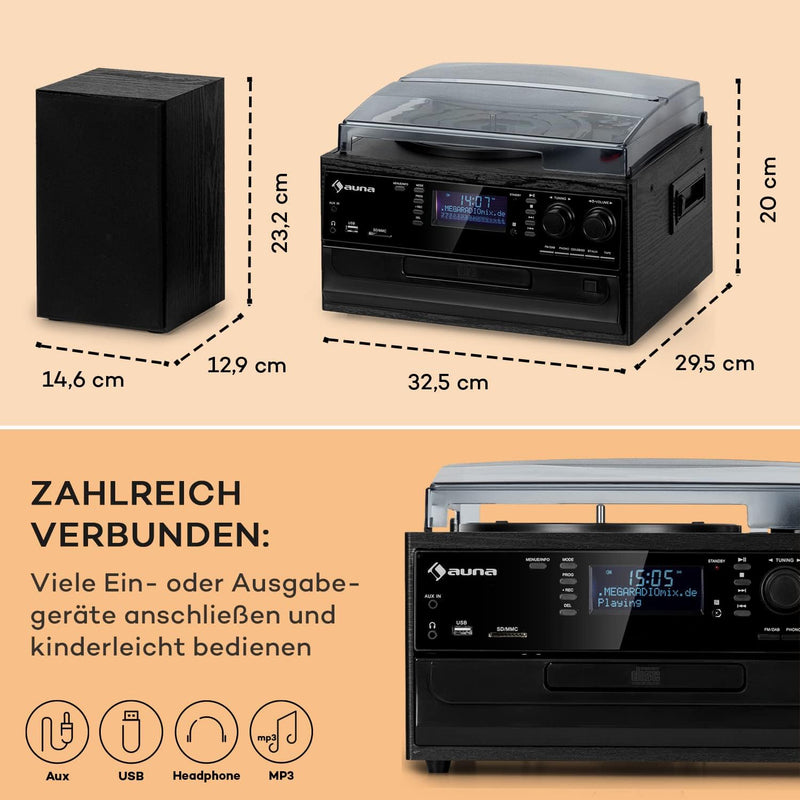 Auna Plattenspieler für Schallplatten, Plattenspieler mit Lautsprecher, CD-Player, USB & DAB Radio,