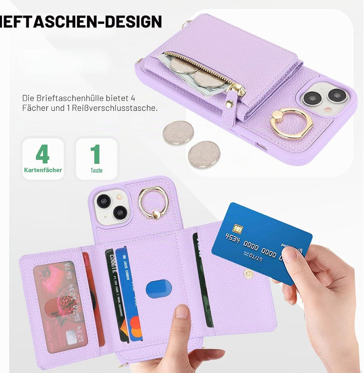 ELTEKER Handyhülle für iPhone 15 Plus Hülle mit Band Kartenfach Ringhalterung Geldbörse,Leder Klapph