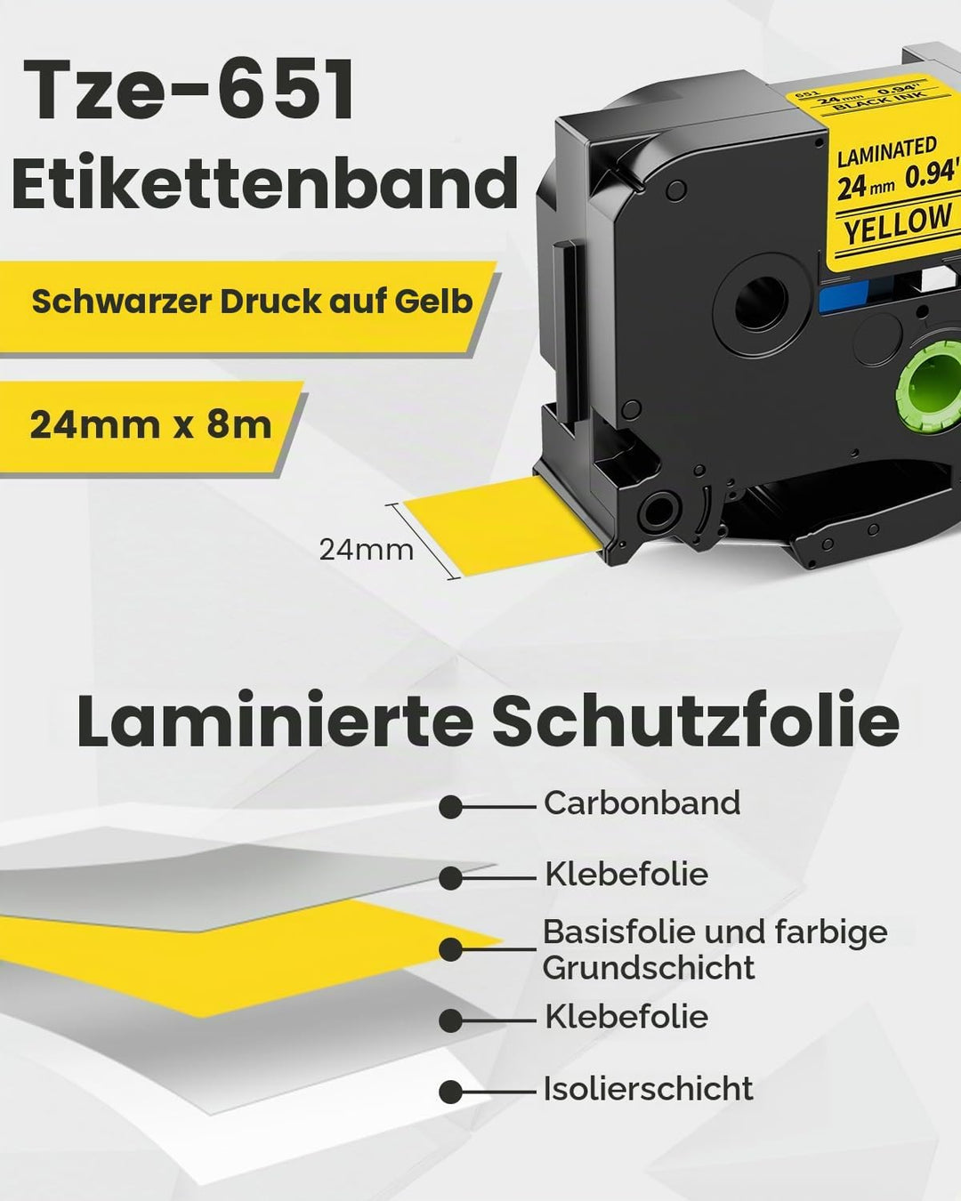 Tz 651 24mm Gelb Kompatibel mit Brother P-Touch Bänder 24mm Gelb Tze 651 Tze-651, als Ersatz für Tze