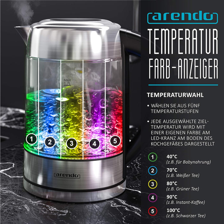 Arendo - Wasserkocher Edelstahl Glas mit Temperatureinstellung – 1,7l - einstellbare Temperaturen 40
