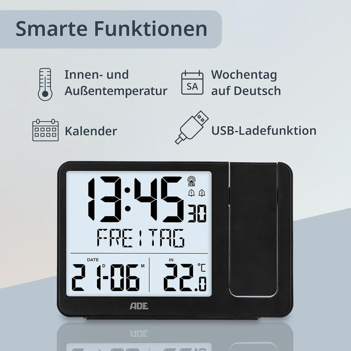 ADE Digitaler Funkwecker mit Projektion und Aussensensor | Projektionswecker mit 2 Weckzeiten| Uhr m