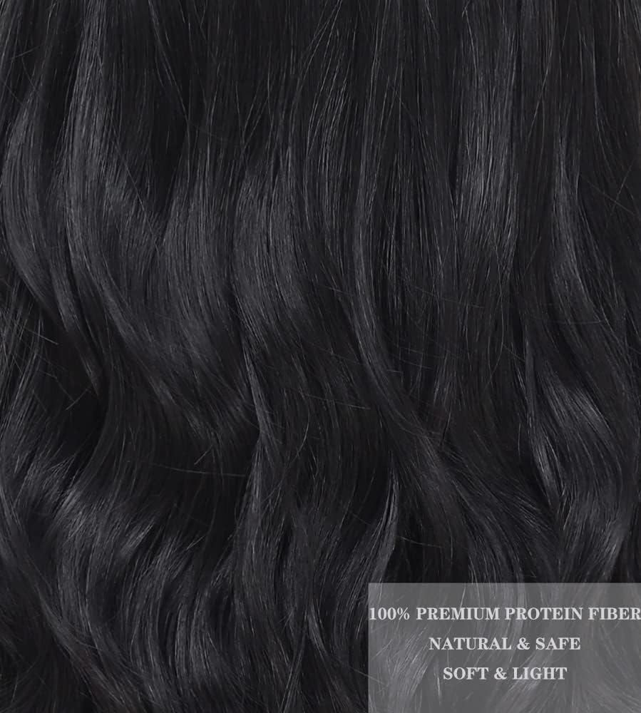 PORSMEER Lange Wellig Perücken Schwarz, 66 cm Perücke Für Frauen Afro Mittelscheitel Synthetik Haar