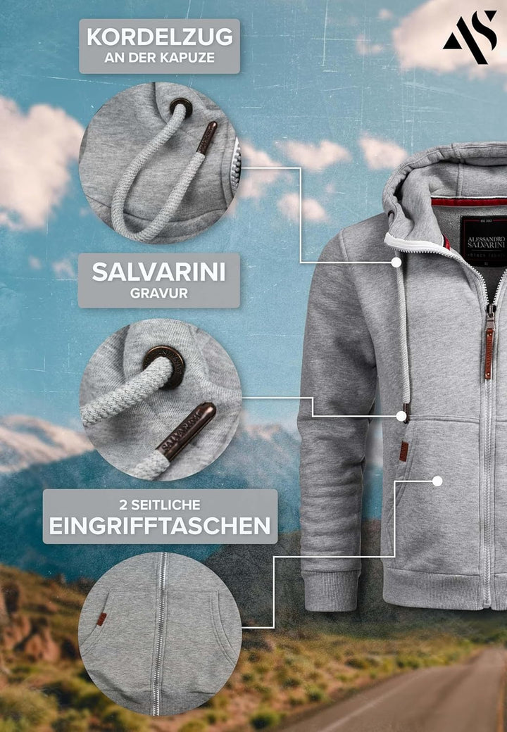 ALESSANDRO SALVARINI Herren Sweatjacke (S-3XL) mit Kapuze - Leicht, Atmungsaktiv, Kapuzenpullover mi