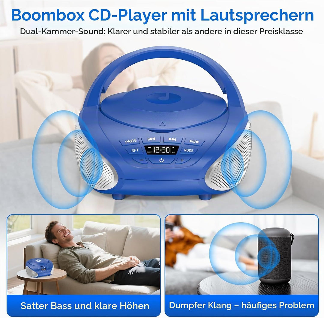 Gueray Tragbarer CD-Player Boombox Kompakt-Radio mit Stereo-Lautsprechern UKW-Radio 3,5-mm-AUX-Einga
