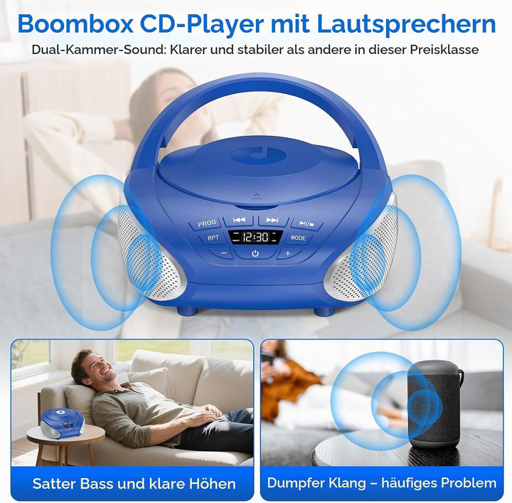 Gueray Tragbarer CD-Player Boombox Kompakt-Radio mit Stereo-Lautsprechern UKW-Radio 3,5-mm-AUX-Einga