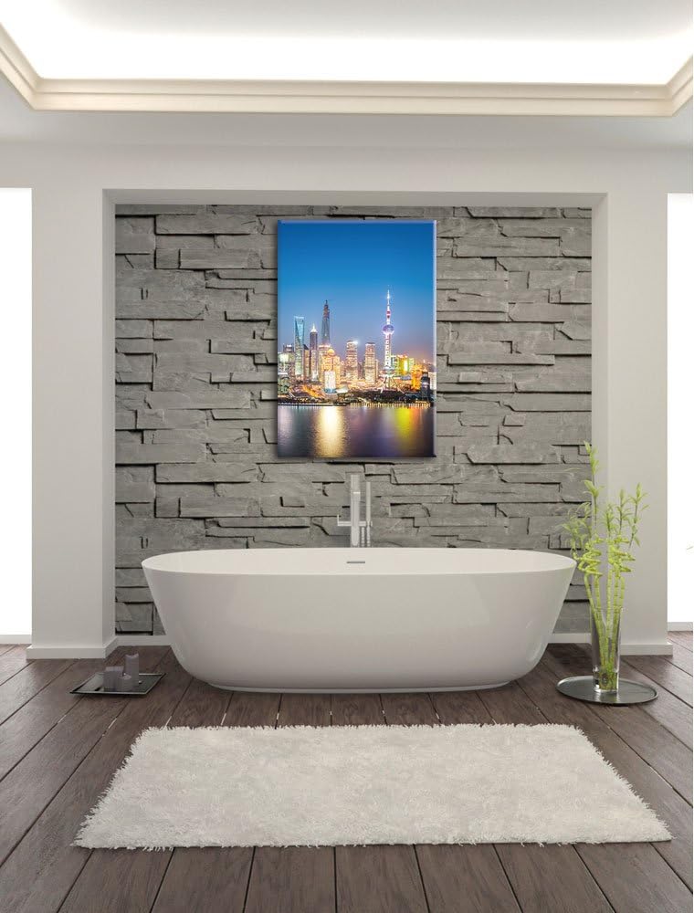 Shanghai Skyline, Format: 100x70 auf Leinwand, XXL riesige Bilder fertig gerahmt mit Keilrahmen, Kun