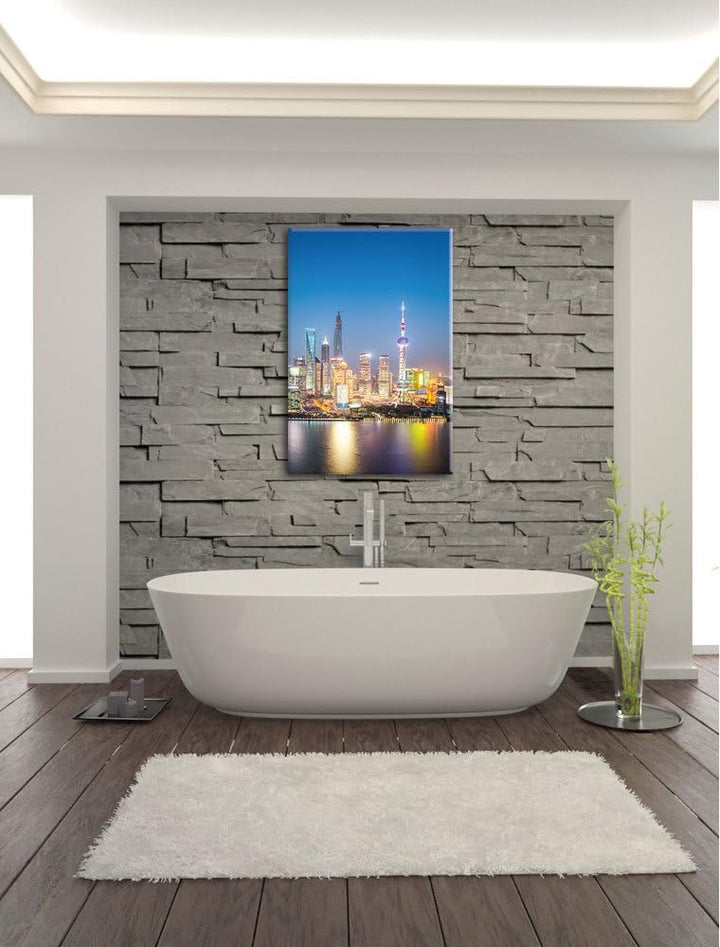 Shanghai Skyline, Format: 100x70 auf Leinwand, XXL riesige Bilder fertig gerahmt mit Keilrahmen, Kun