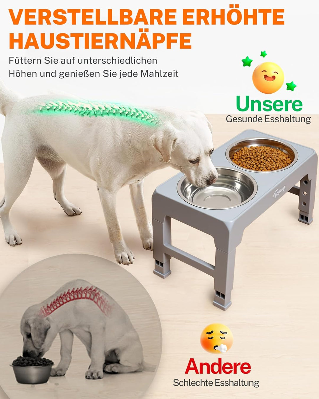 Toozey Hundenapf, Futterstation mit 2X 1200ml Edelstahlnäpfen, für mittlere & grosse Hunde，4 Höhenve