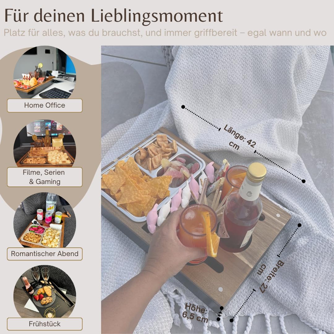 Lukada Premium Couchbar Snackbox | XXL Snackschale & 4 Getränkehalter | Akazien Holz & Bambus Sofata